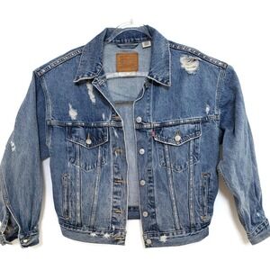 Levi's Premium Trucker Jacket Womens Blue Distressed Denim 100% Cotton Red Tab‎